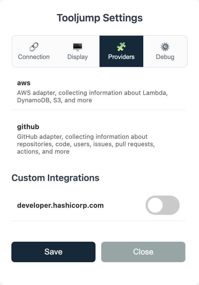 ToolJump Providers Settings showing generic context website